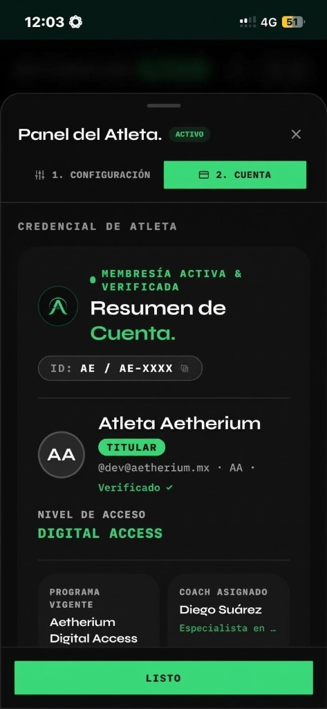 Credencial oficial de Cuenta Aetherium con Folio AE/DEV-769 y Firebase Auth ID Verificado