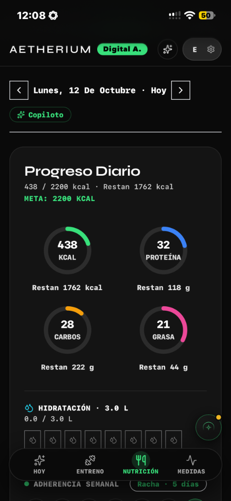Monitoreo diario de calorías y balance de macronutrientes en Aetherium